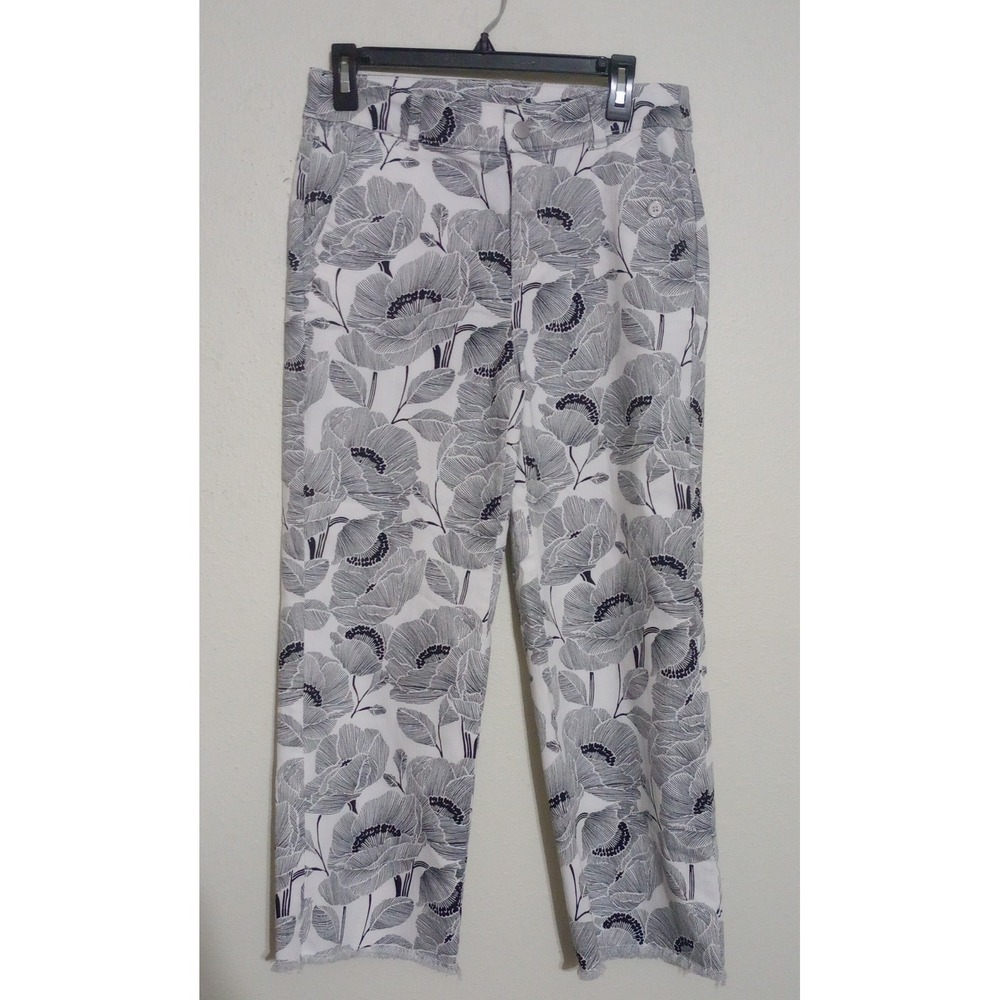 Chicos Trouser Ankle Pants 0.5 Floral Poppy Print Black White Raw Hem Stretch